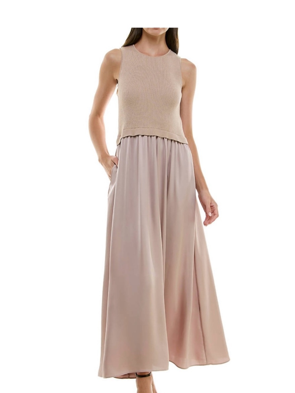 Taylor Beige Sleeveless Knit Top with Blush Wide-Leg Satin Skirt Dress